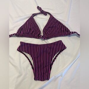 Purple & Black Stripped Two Piece Bikini Set